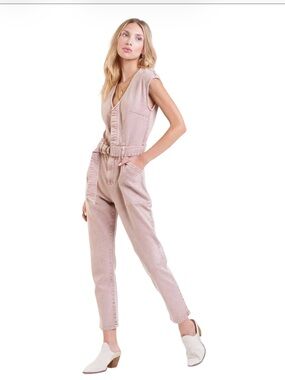 Dear John Nicole Rose Dust Belted Denim Jumpsuit V-Neck Anthropologie Size L